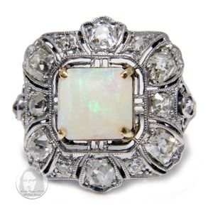 Art Deco Cocktail Ring Opal and Diamond Vintage Platinum Rare Early 20th C
